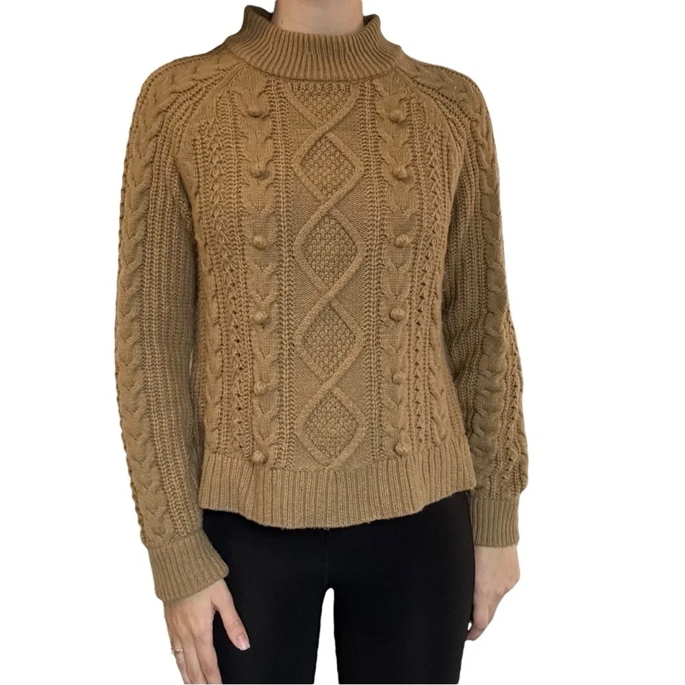 J. Crew Sweater Pom Pom Cable Knit Brown Wool Fall Casual Minimalist Size Small